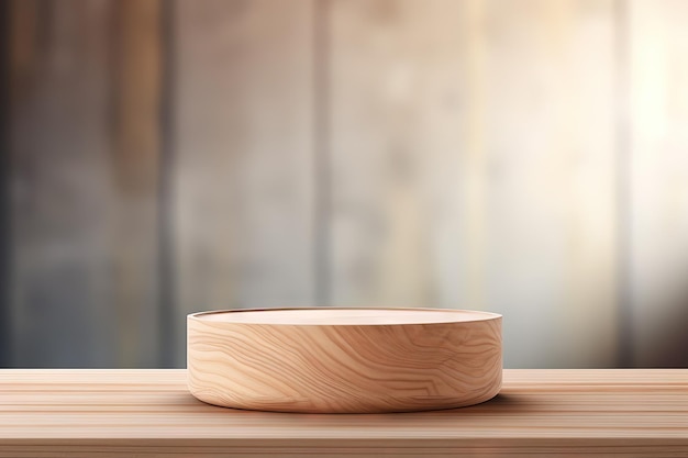 Design and product display mock up on table with wooden podium against modern background