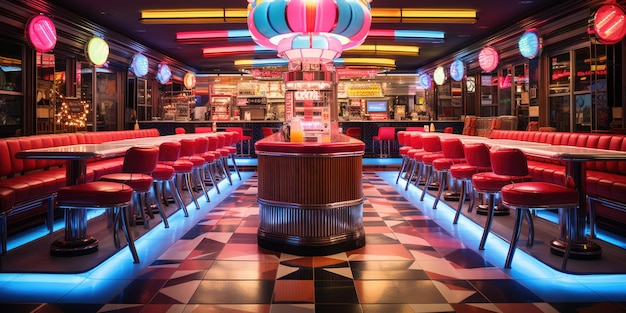 Design a retroinspired diner with vinyl booths neon lights and a vintage jukebox AI Generative