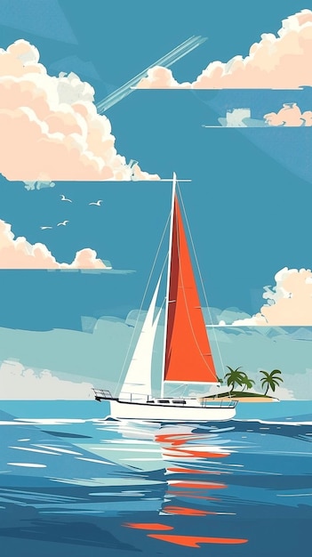 Design Sailboat Illustration with Tropical Island and Blue Sky