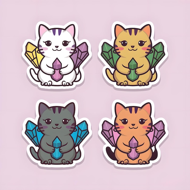 Design a set of 4 simple vector stickers of cute adorable cat holding crystals Each cat is showca