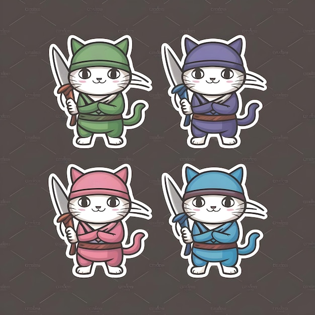 Design a set of 4 simple vector stickers of cute cats