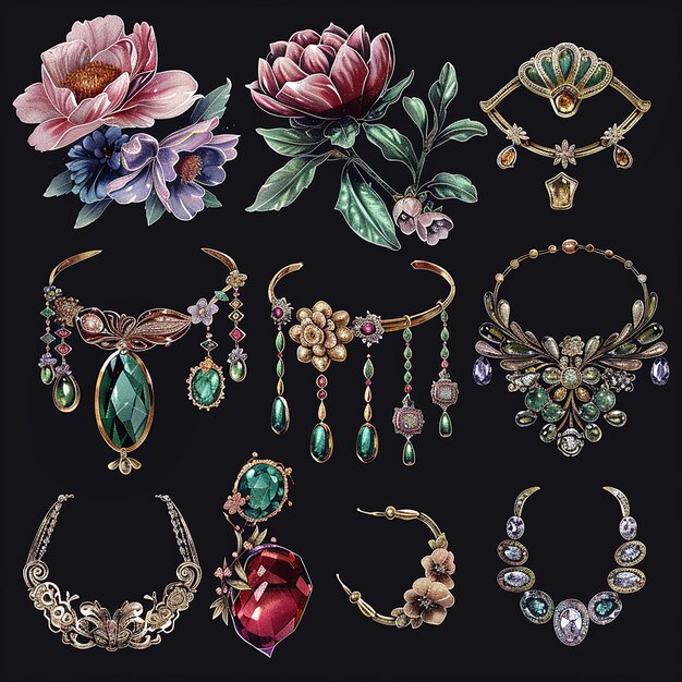 A design sheet of beautiful jewelry featuring gemstones and flowers in different styles such as Chin