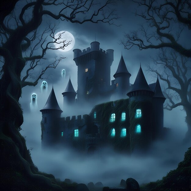 Photo design a spooky castle nestled in a foggy haunted forest incorporate ghostly figures and eerie gl