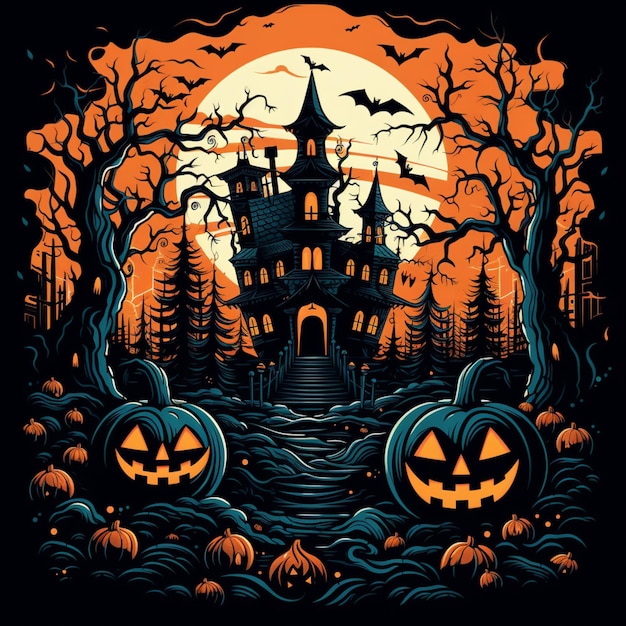 Design a spooky collection of Halloween artwork with castle and pumpkin for tshirt print