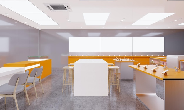 Design store selling mobile phones and accessories in the interior in orange color 3D rendering