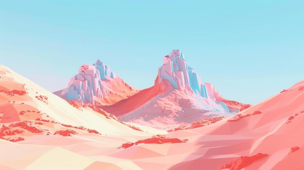 Design a subtle pasteltoned low poly desert landscape featuring serene dunes and hidden oases