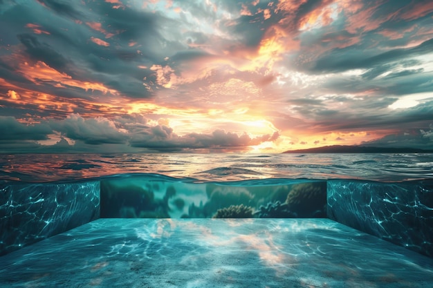 Design template with underwater and sunset split by waterline