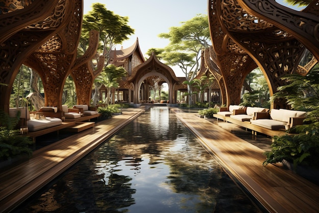 Design a Thai style open air pavilion ideal for enjoying the scenic beauty of rice fields