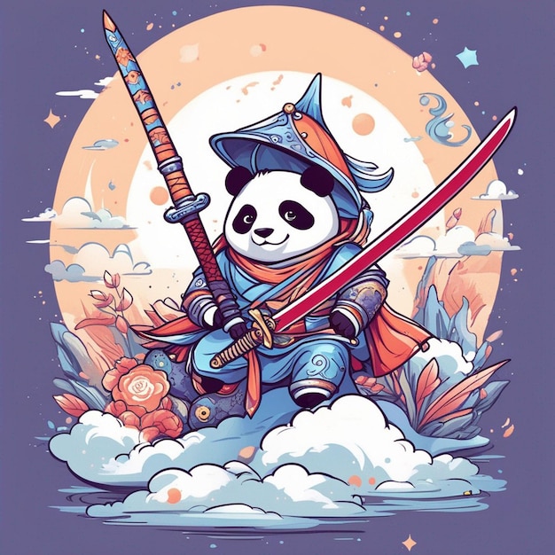 design tshirt graphic cute cartoon panda samurai katana sword wilding full white kids style whi