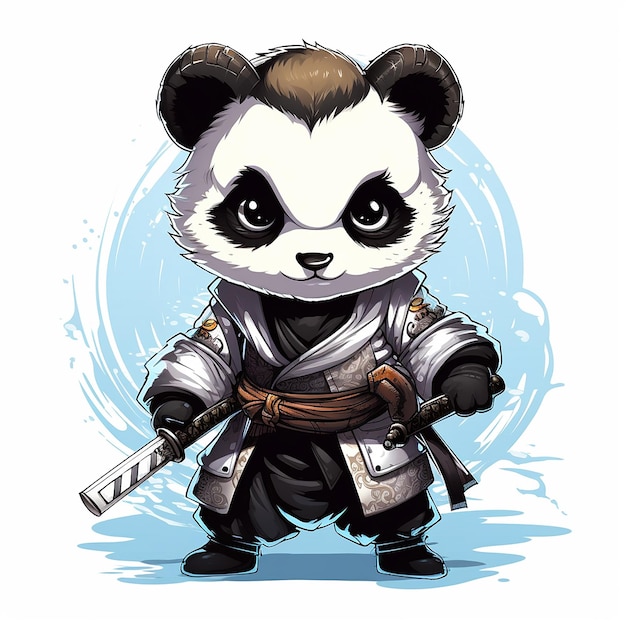 Design tshirt graphic cute cartoon panda samurai katana sword wilding full white kids style