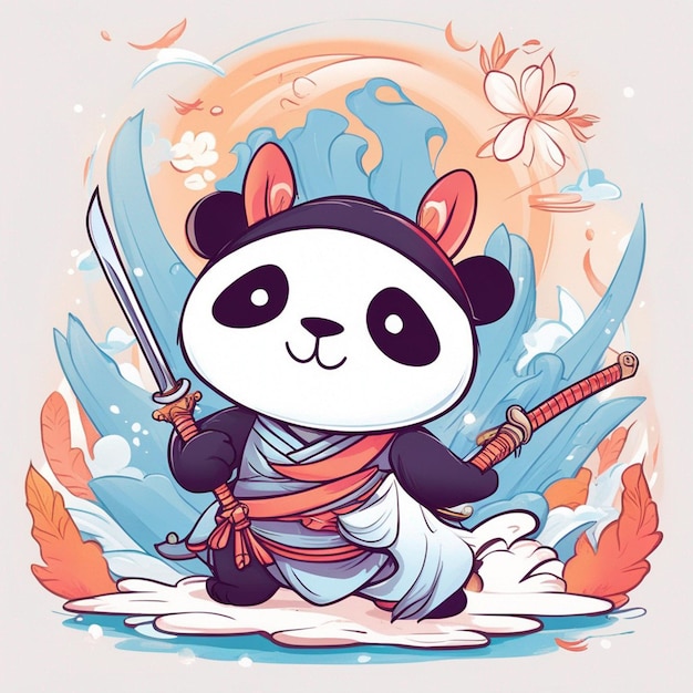 design tshirt graphic cute cartoon panda samurai katana sword wilding full white kids style