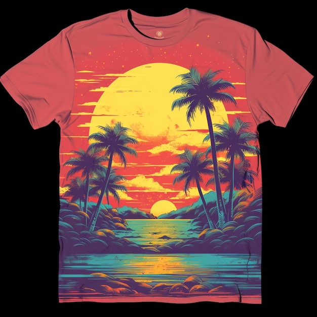 Design for a tshirt summer scence pychedelic art with aplms sun and beach