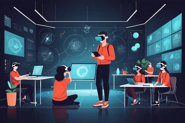 Design a vector graphic of students using VR technology to explore scientific concepts in a virtual environment vector illustration in flat style