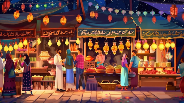 Design a vibrant Ramadan market scene with stalls selling dates lanterns and other festive items bustling with people preparing for Iftar