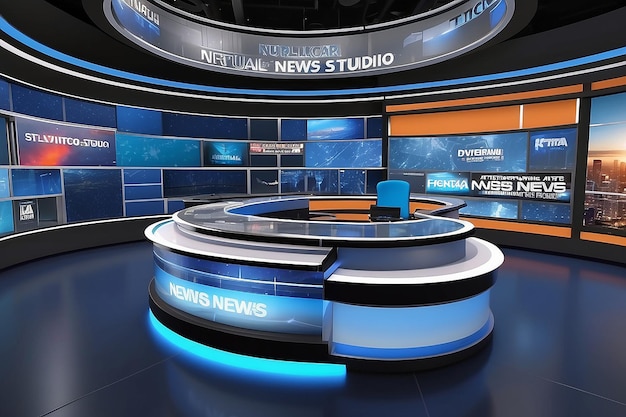 Design a virtual news studio with a 3D virtual news ticker wrapping around the entire set