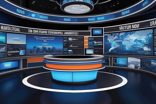 Design a virtual news studio with a 3D virtual news ticker wrapping around the entire set