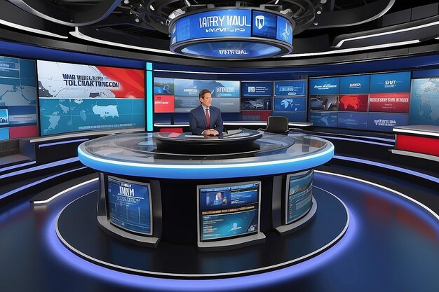 Design a virtual news studio with a 3D virtual news ticker wrapping around the entire set