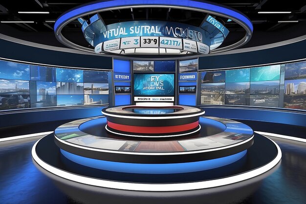 Design a virtual news studio with a 3D virtual news ticker wrapping around the entire set