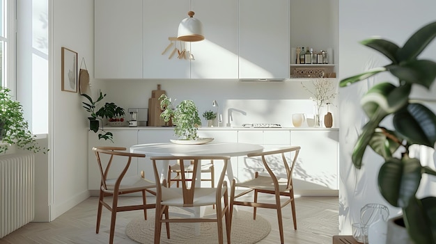 Photo design a white round dining table in a scandinavianstyle kitchen surrounded by wooden chairs highlighting simplicity and warmth