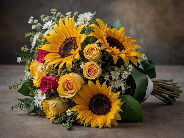 Design with a mix of flowers such as roses daisies and sunflowers Unflower