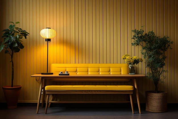 design yellow seat wooden bench table lamp on wall Modern home