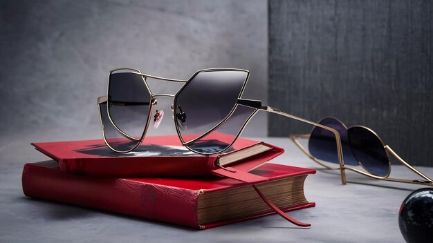 Designed sunglasses on the red book and grey surface