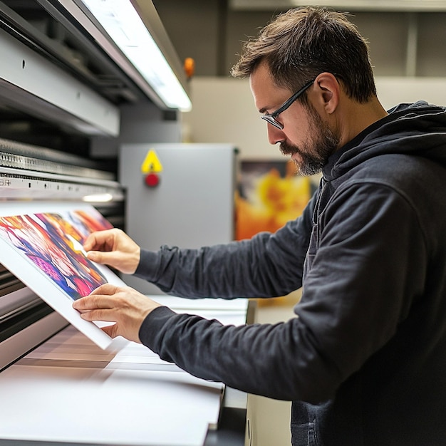 a designer adjusting the settings on a digital printing machine in a studio4