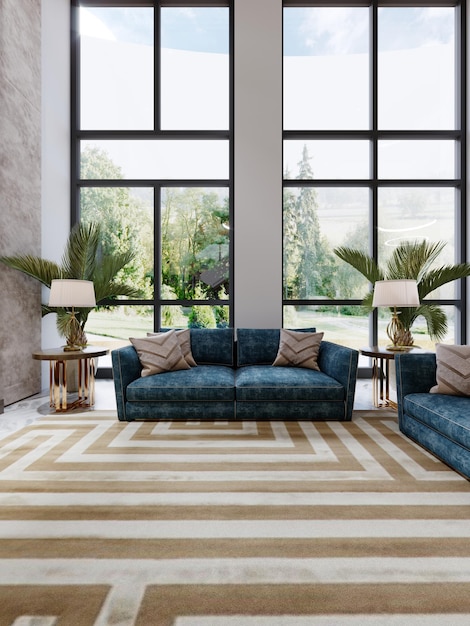 A designer blue sofa with patterned beige cushions in front of a large window and two golden tables