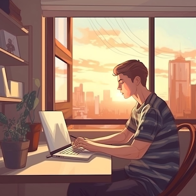 Designer boy working on a laptop realistic illustration art on a work desk beside window