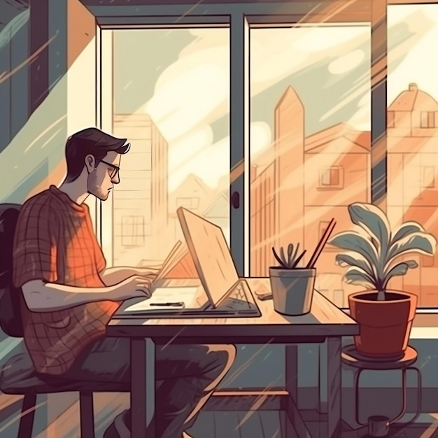 Designer boy working on a laptop realistic illustration art on a work desk beside window