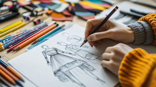 Photo a designer brings fashion ideas to life with colorful sketches and markers