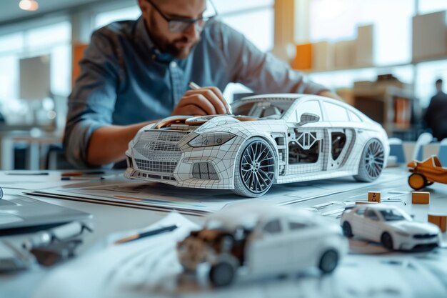 Photo the designer carefully examines the cars intricate details and makes notes on the blueprints spread out on the table