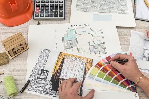 Photo the designer chooses the perfect color for a new apartment. sketch of a modern apartment