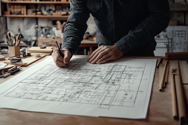 a designer creating architectural blueprints with precision on a drafting table