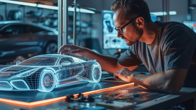 Designer creating car model on computer in office focusing on hood tires and lighting details