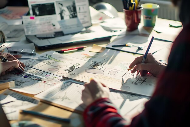 Photo designer drawing a concept on paper with a pencil