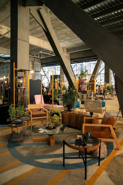 Designer furniture event inside one level of an industrial style building