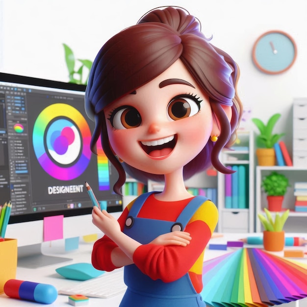 Photo a designer girl with a rainbowcolored background on the screen