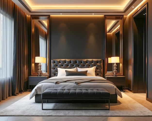 Photo designer interior of a modern bedroom in black and gold