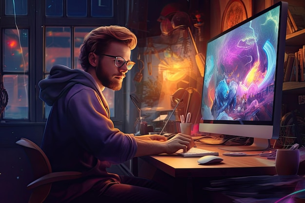 Designer IT working at his home office desktop setup on creative project digital illustration Generative AI