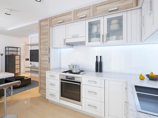 Designer kitchen in contemporary style in pastel colors. 3D rendering