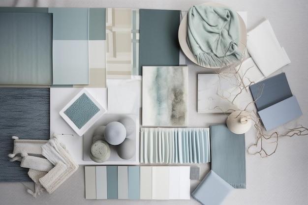 Designer monochrome mood board with materials and color swatches in pastel blue color