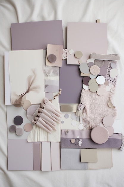 Designer monochrome mood board with materials and color swatches in pastel purple color