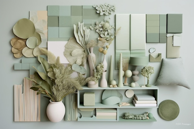 Photo designer monochrome mood board with materials and color swatches in pastel sage green color