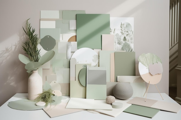 Photo designer monochrome mood board with materials and color swatches in pastel sage green color