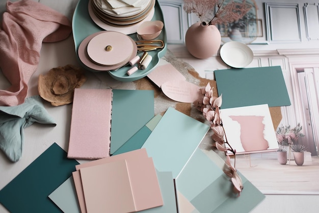 Designer mood board with materials and color swatches in mint green and pink colors