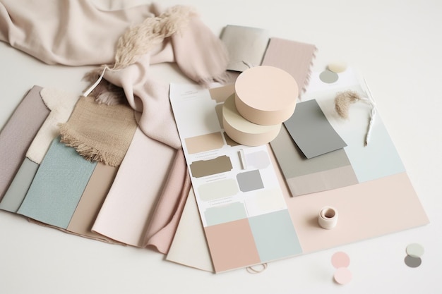 Designer mood board with materials and color swatches in soft pastel neutral colors