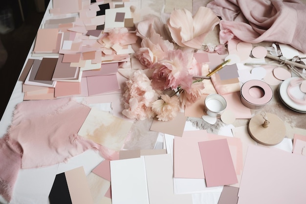 Designer mood board with materials and color swatches in soft pastel pink color hues