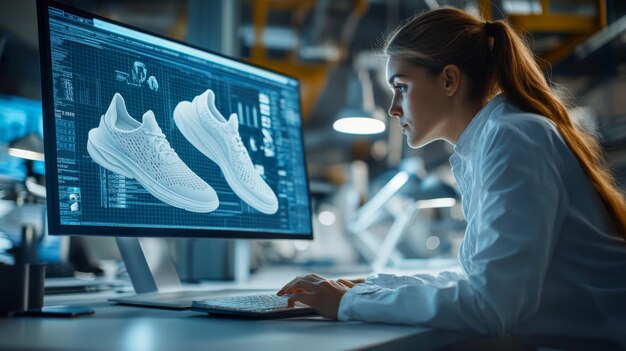 Photo designer working on 3d model of sneakers on computer