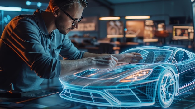 Designer working on car concept with precision in a building focusing on hood tires and lighting